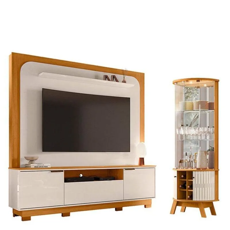 Estante Home Theater Nilo Com Pés Com Cristaleira Marina Cinamomo Off White - Madetec