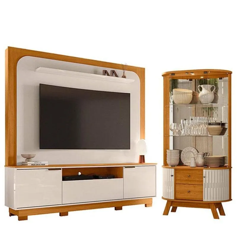 Estante Home Theater Nilo Com Pés Com Cristaleira Moss Cinamomo Off White - Madetec