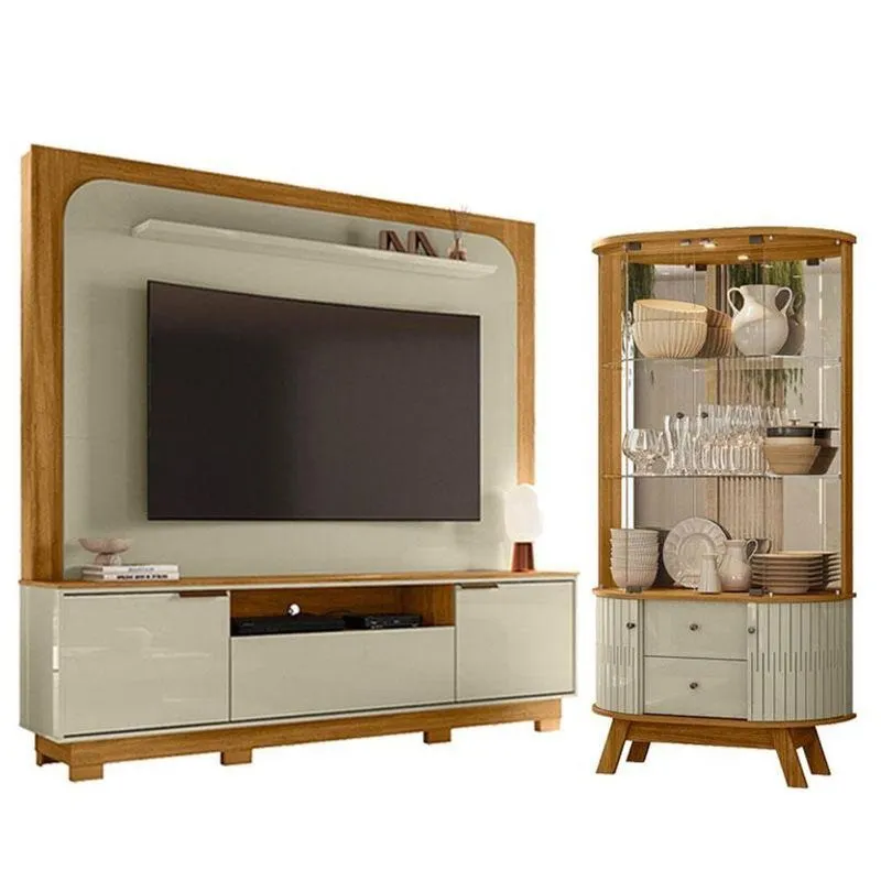 Estante Home Theater Nilo Com Pés Com Cristaleira Moss Cumaru Opala - Madetec