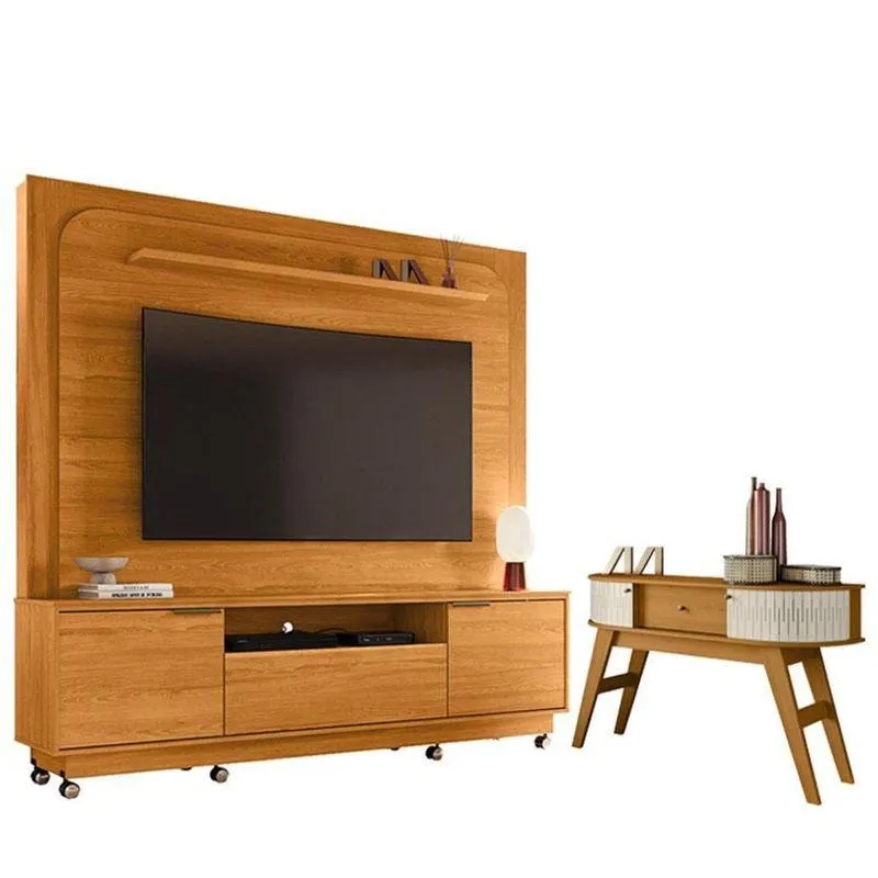 Estante Home Theater Nilo Com Rodízios Cinamomo Com Aparador Estoril Cinamomo Off White - Madetec
