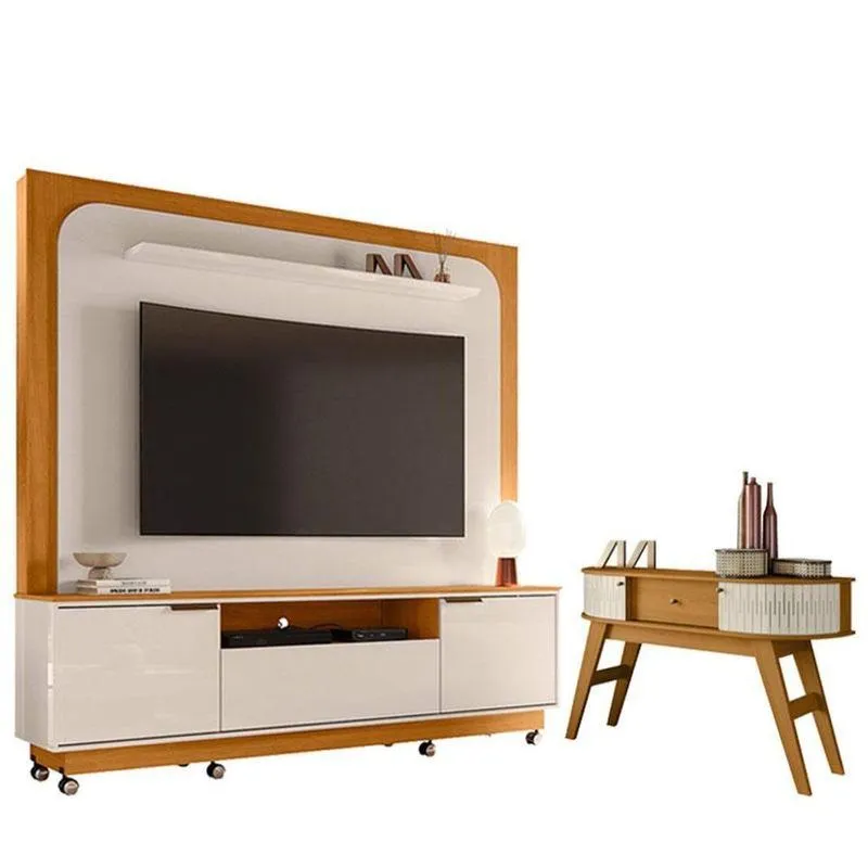 Estante Home Theater Nilo Com Rodízios Com Aparador Estoril Cinamomo Off White - Madetec