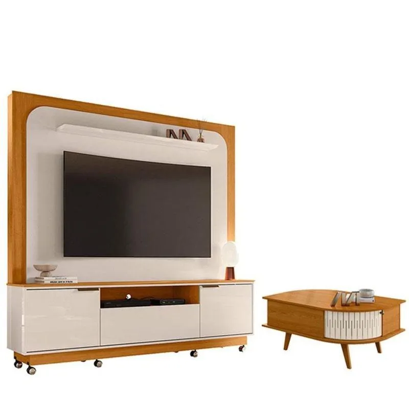 Estante Home Theater Nilo Com Rodízios Com Mesa De Centro Indianápolis Cinamomo Off White - Madetec