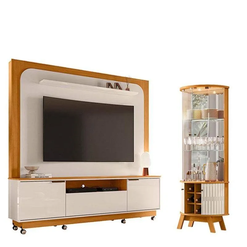 Estante Home Theater Nilo Com Rodízios Com Cristaleira Mariana Cinamomo Off White - Madetec