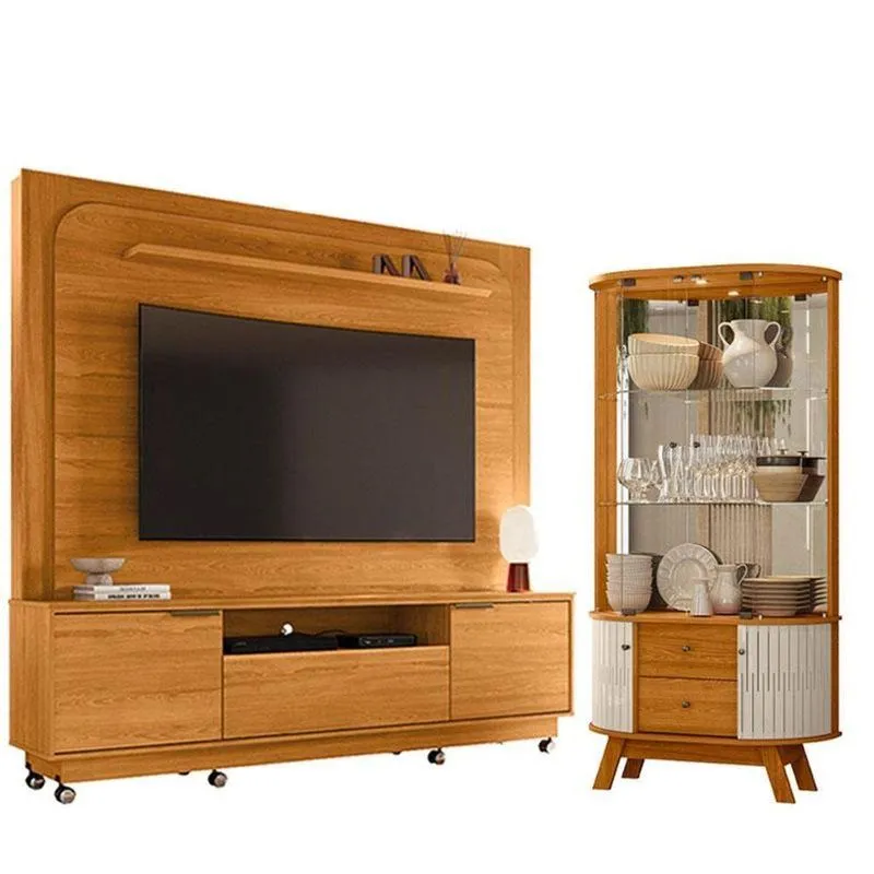 Estante Home Theater Nilo Com Rodízios Cinamomo Com Cristaleira Moss Cinamomo Off White - Madetec