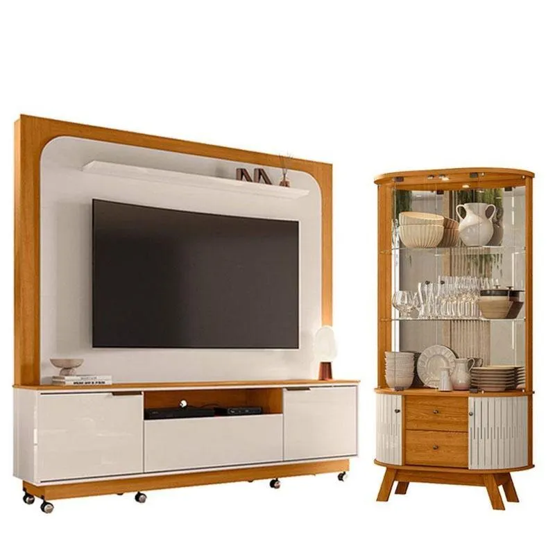 Estante Home Theater Nilo Com Rodízios Com Cristaleira Moss Cinamomo Off White - Madetec