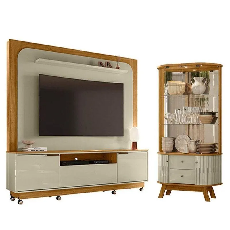Estante Home Theater Nilo Com Rodízios Com Cristaleira Moss Cumaru Opala - Madetec