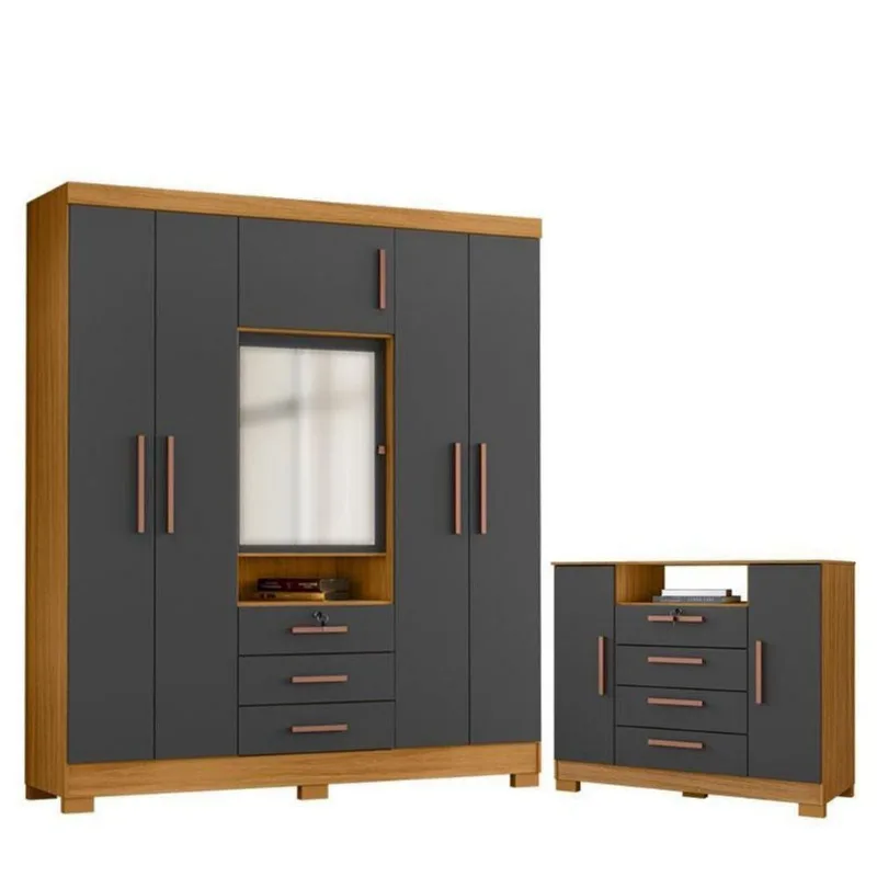 Cômoda Madri E Guarda Roupa Casal Imperial Carvalho Americano Grafite- Incorplac