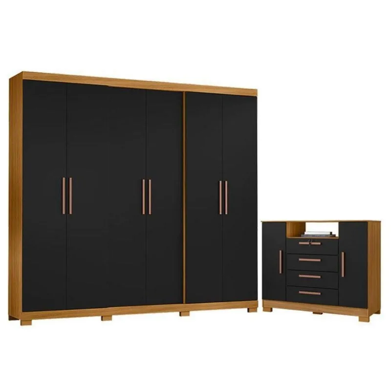 Cômoda Madri E Guarda Roupa Casal San Diego Carvalho Americano Preto - Incorplac