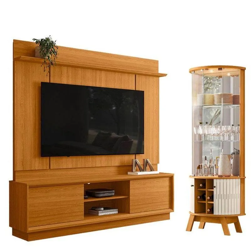 Estante Home Theater Siena Sem Pés Cinamomo Com Cristaleira Marina Cinamomo Off White - Madetec