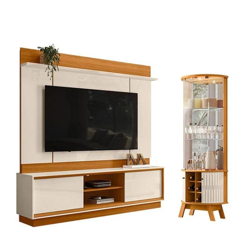 Estante Home Theater Siena Sem Pés Com Cristaleira Marina Cinamomo Off White - Madetec