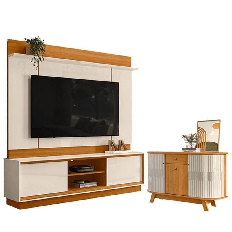 Estante Home Theater Siena Sem Pés Com Aparador Para Sala Buffet Monza Cinamomo Off White - Madetec