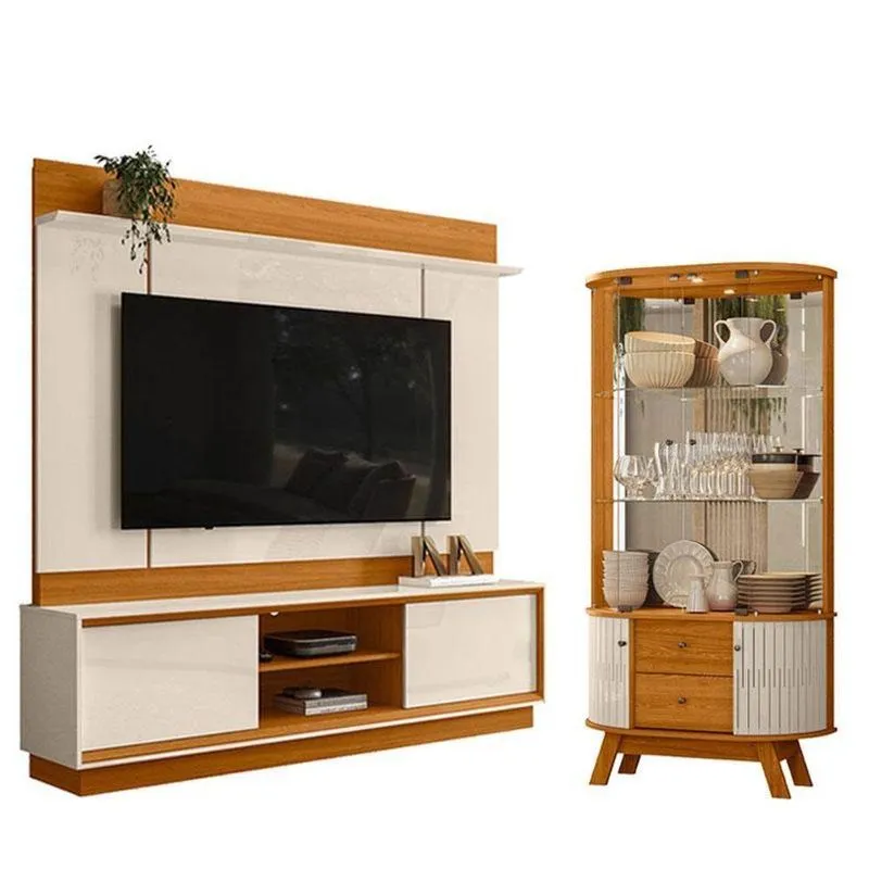 Estante Home Theater Siena Sem Pés Com Cristaleira Moss Cinamomo Off White - Madetec