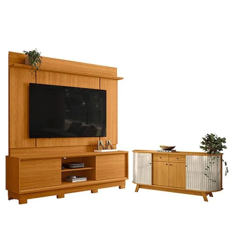 Estante Home Theater Siena Com Pés Cinamomo Com Aparador Para Sala Buffet Mônaco Cinamomo Off White - Madetec