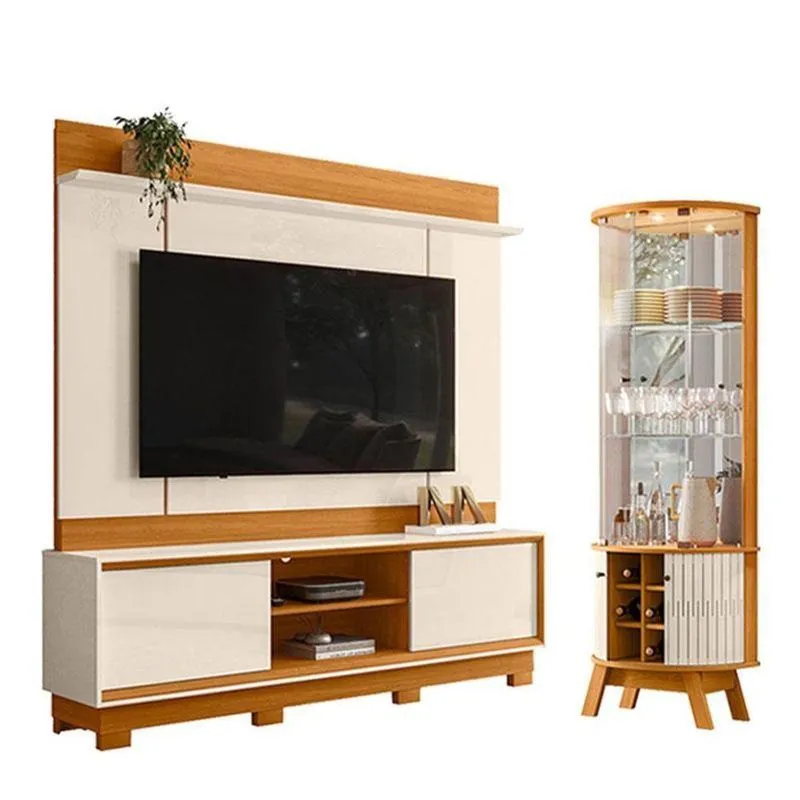 Estante Home Theater Siena Com Pés Com Cristaleira Marina Cinamomo Off White - Madetec