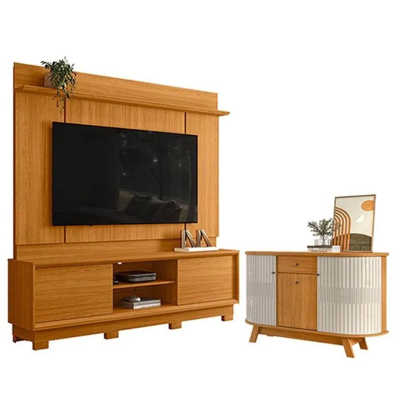 Estante Home Theater Siena Com Pés Cinamomo Com Aparador Para Sala Buffet Monza Cinamomo Off White - Madetec