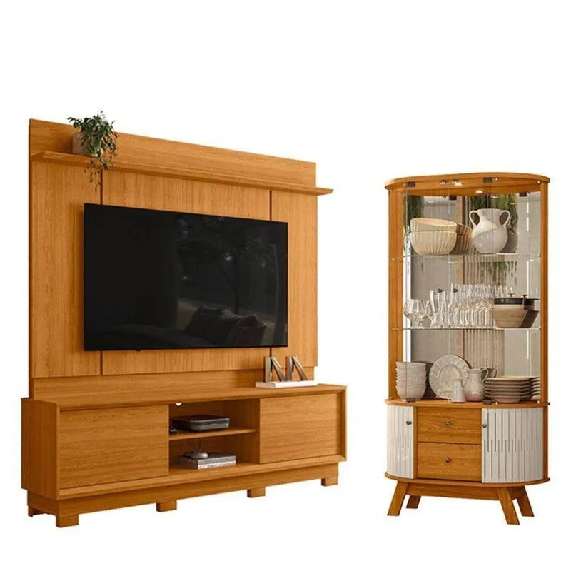 Estante Home Theater Siena Com Pés Cinamomo Com Cristaleira Moss Cinamomo Off White - Madetec