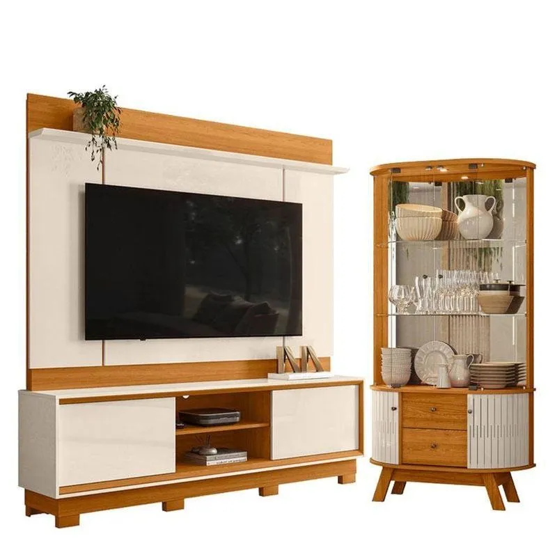 Estante Home Theater Siena Com Pés Com Cristaleira Moss Cinamomo Off White - Madetec