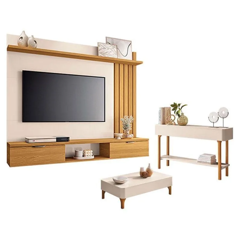 Painel Suspenso Lets Cinamomo Off White Com Mesa De Centro Liz E Aparador Fiero Off White - Hb Móveis