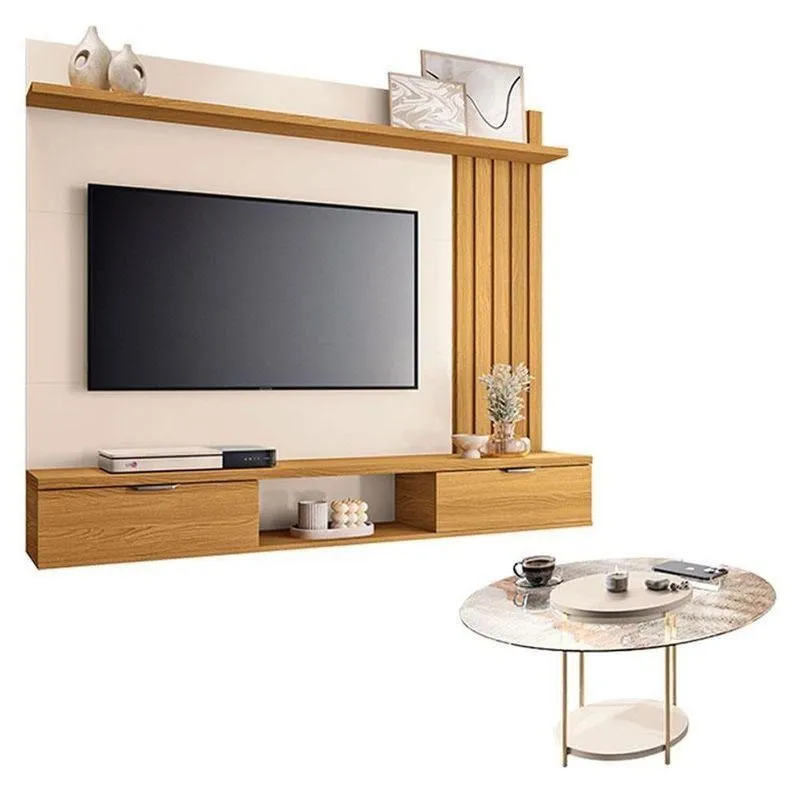 Painel Suspenso Lets Cinamomo Off White Com Mesa De Centro Sky Com Tampo De Vidro Off White - Hb Móveis