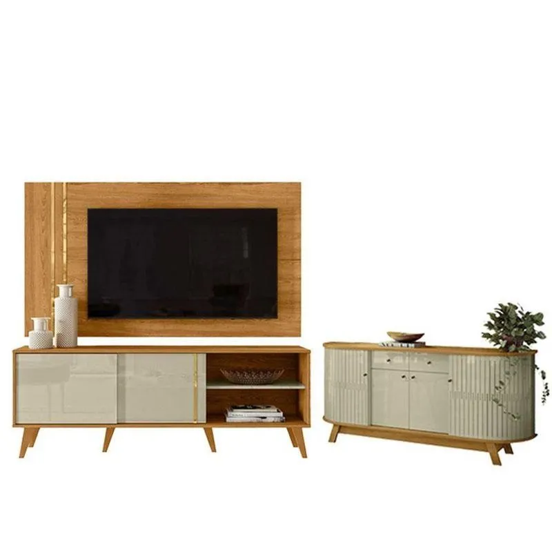 Rack Bancada E Painel Para Tv Cronos Com Aparador Para Sala Buffet Mônaco Cumaru Opala - Madetec