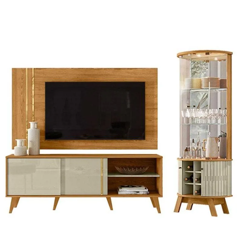 Rack Bancada E Painel Para Tv Cronos Com Cristaleira Marina Cumaru Opala - Madetec