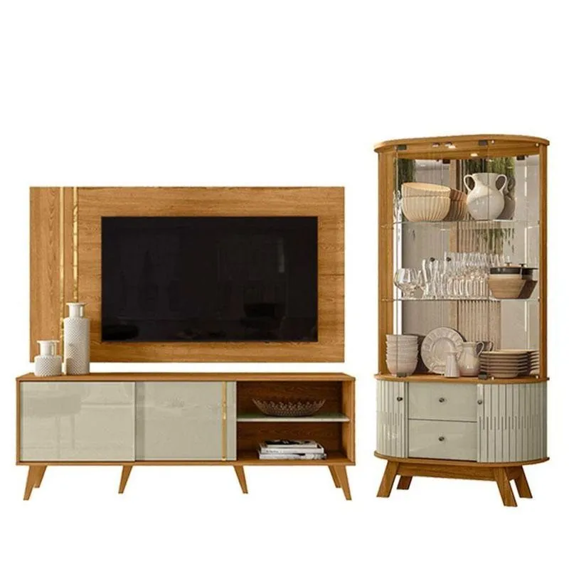 Rack Bancada E Painel Para Tv Cronos Com Cristaleira Moss Cumaru Opala - Madetec