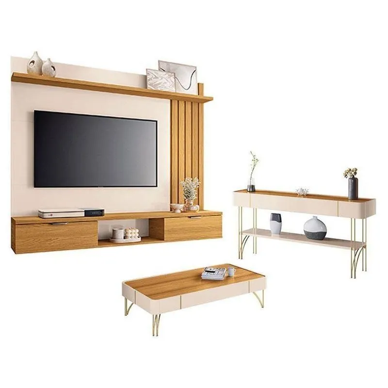 Painel Suspenso Lets Cinamomo Off White Com Mesa De Centro Cadenza E Aparador Vivant Off White Cinamomo - Hb Móveis