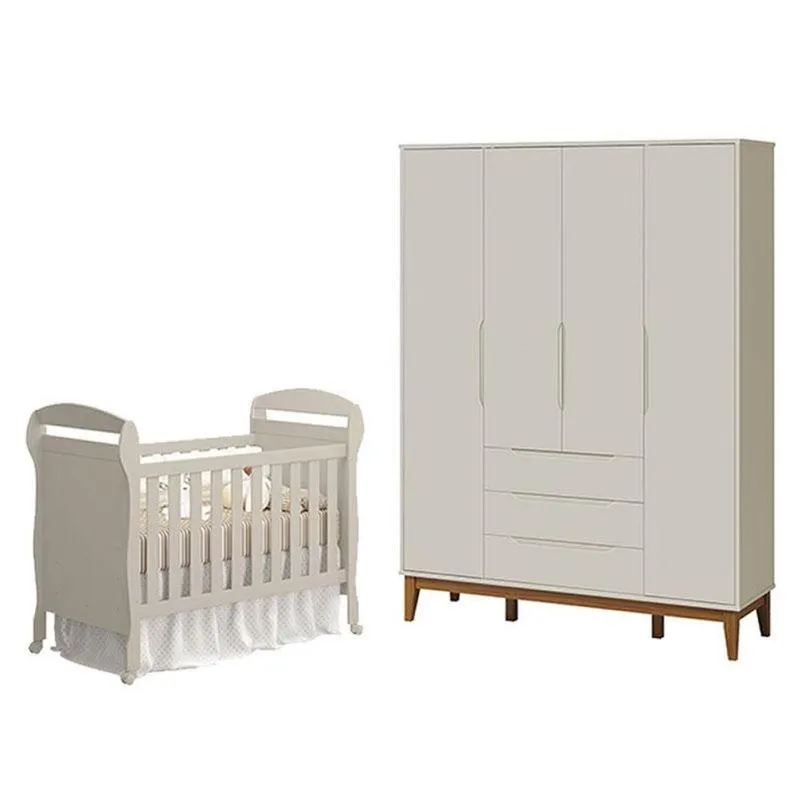 Berço Americano Danny E Guarda Roupa 4 Portas Elfe Classic Areia Acetinado Amadeirado - Reller
