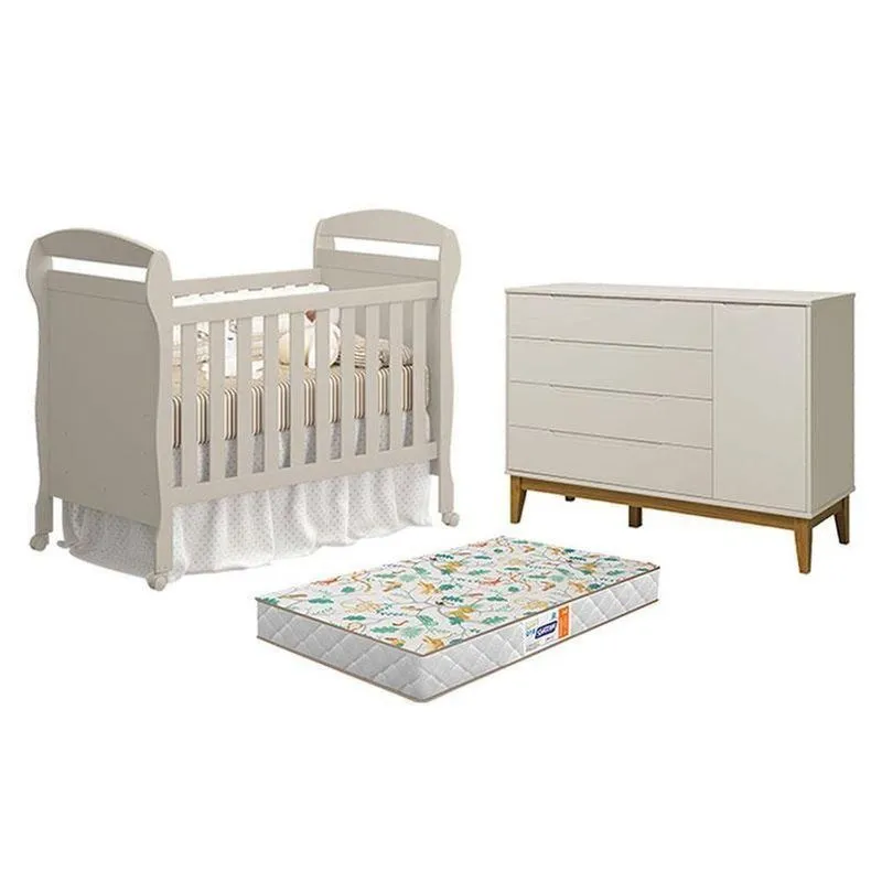 Kit Berço Americano Danny Com Colchão E Cômoda Elfe Classic Mdf Areia Reller Móveis