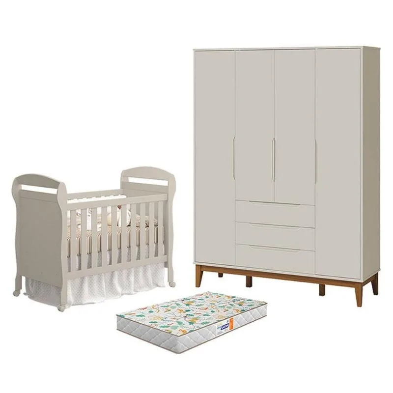 Kit Berço Americano Danny com Colchão e Guarda Roupa 4 Portas MDF 148cm Areia Acetinado Amadeirado