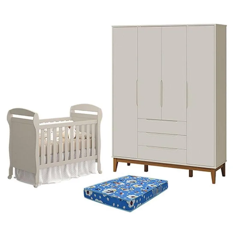 Kit Berço Americano Danny com Guarda Roupa 4 Portas 3 Gavetas MDF Areia Acetinado Amadeirado Reller
