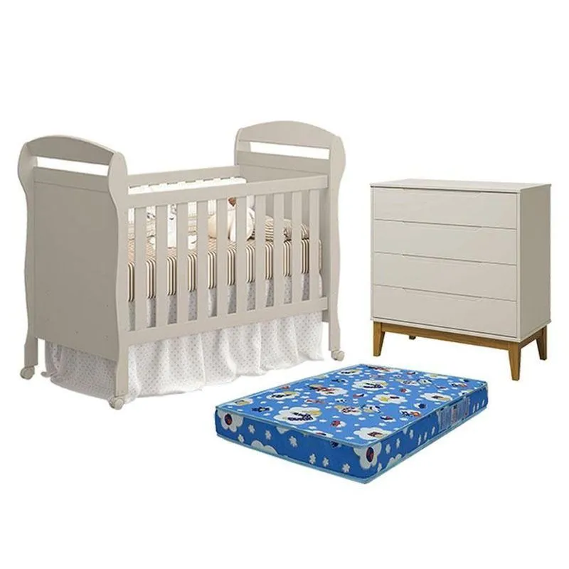 Berço Americano Danny Com Cômoda Gaveteiro Elfe MDF Com Colchão Areia Acetinado Amadeirado Reller