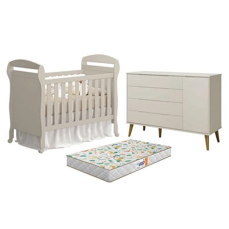 Berço Americano Danny Com Colchão Incluso MDF E Cômoda Elfe Retrô Areia Acetinado Reller Móveis