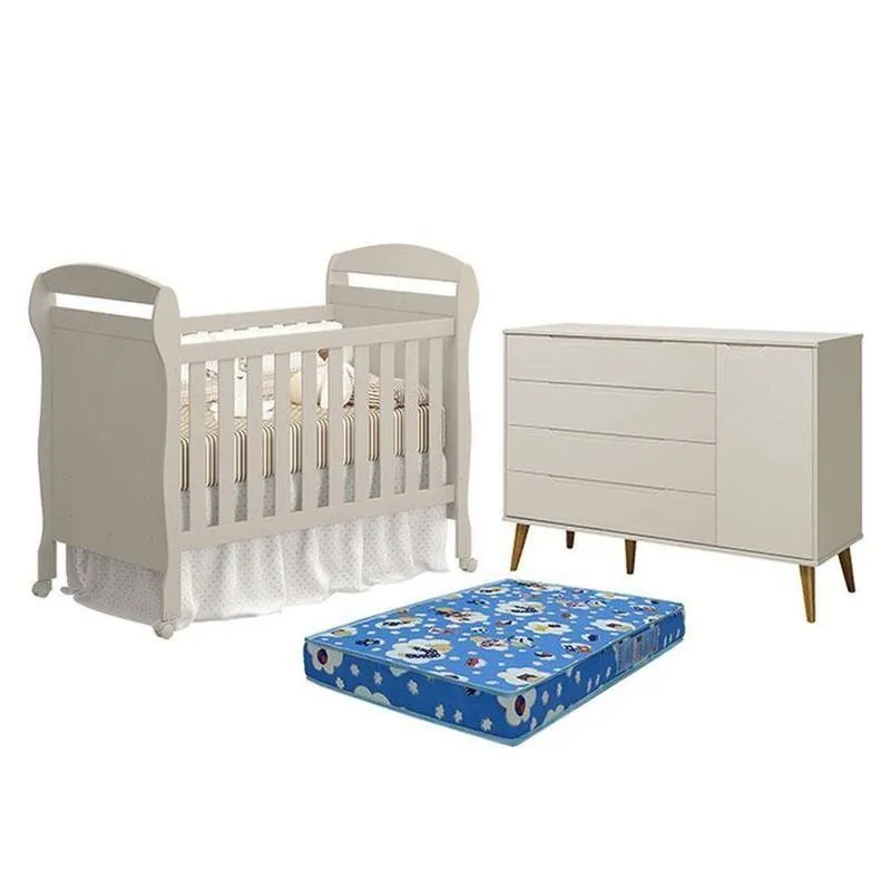 Berço Americano Danny Com Colchão E Cômoda MDF Amadeirado Reller