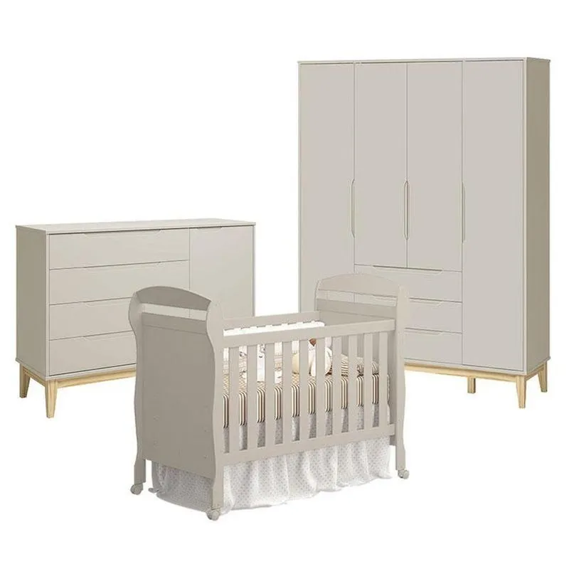 Quarto De Bebê 4 Portas Com Cômoda Com Porta Elfe Classic E Berço Americano Danny Areia Acetinado Natural - Reller