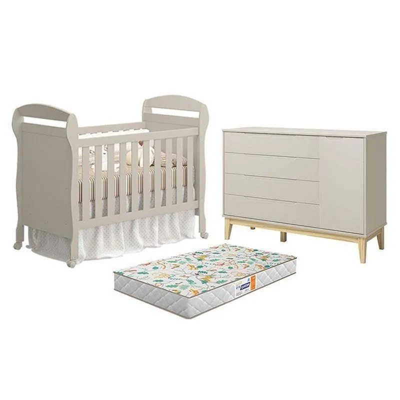 Berço Americano Danny Com Colchão E Cômoda Elfe Classic Mdf Areia Acetinado Reller Móveis 148cm