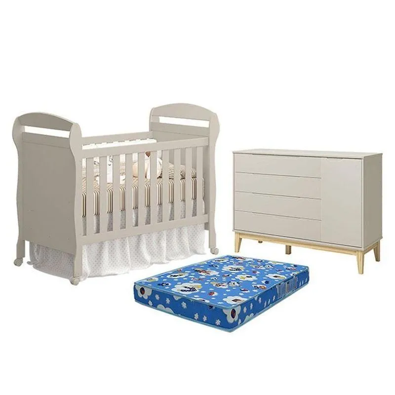 Berço Americano Danny Com Cômoda Elfe Classic Mdf Colchão Incluso Bege Reller Móveis