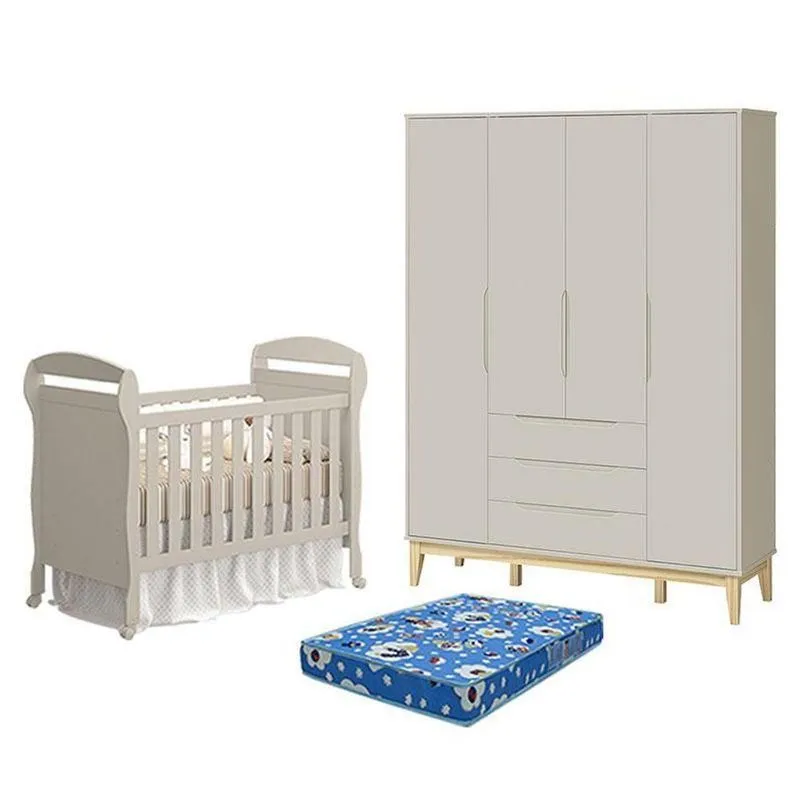 Berço Americano Danny Com Colchão E Guarda Roupa MDF Bege Reller Móveis 148cm