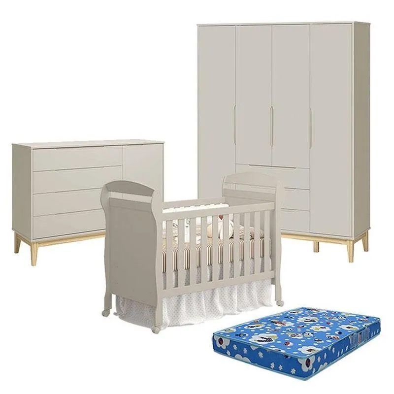 Quarto De Bebê Elfe Classic 4 Portas 3 Gavetas MDF 120cm Areia Natural Reller Móveis
