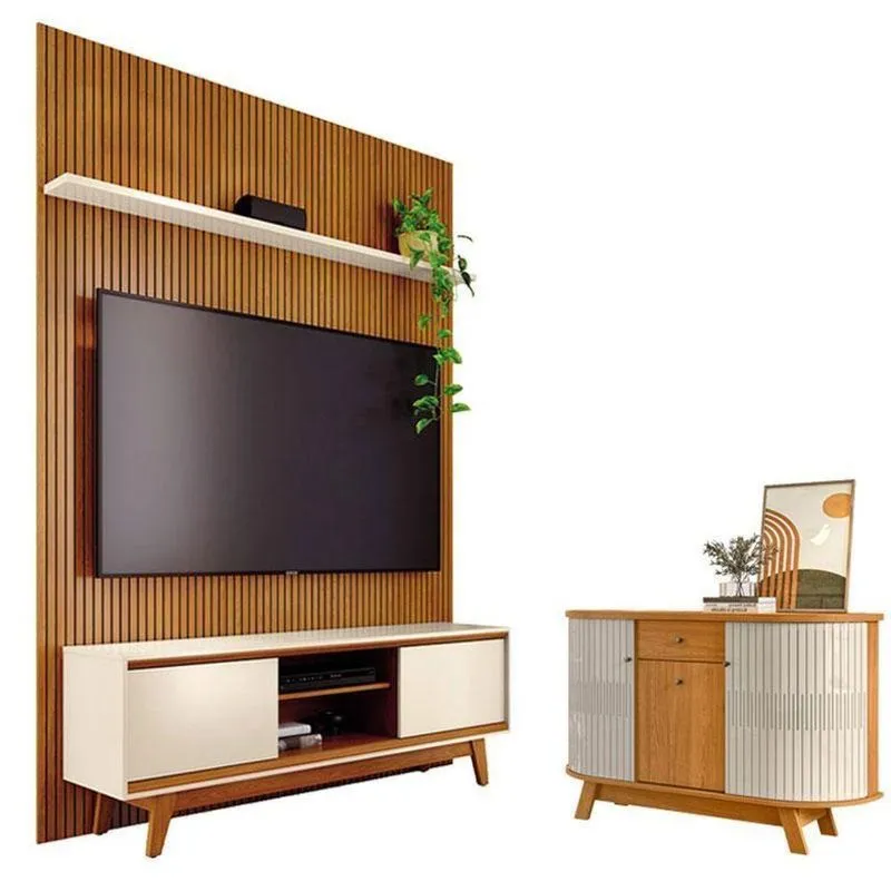 Estante Home Theater Milo 3 Portas 3 Prateleiras MDP 179cm Cinamomo Off White Madetec