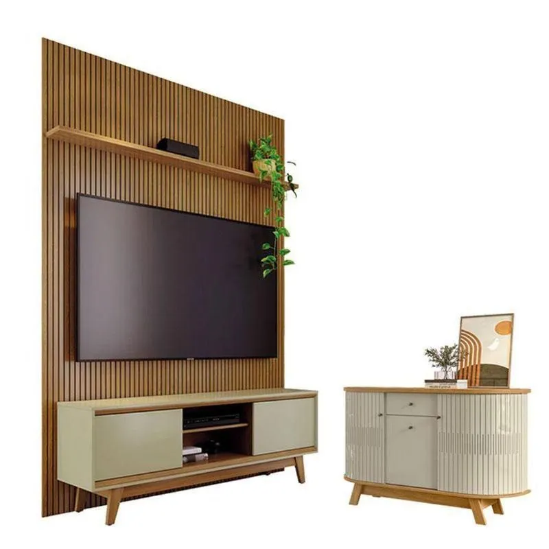 Estante Home Theater Com Bancada Suspensa E Aparador Milo Monza 3 Portas 3 Prateleiras Mdp E Mdf