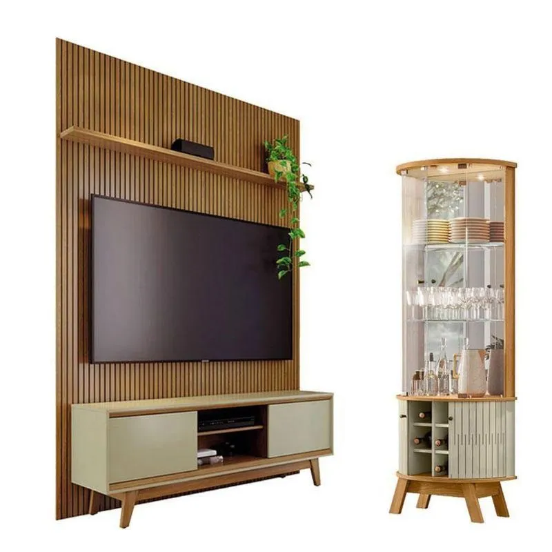 Estante Home Theater Milo Com Cristaleira Marina 4 Portas 2 Prateleiras MDP E MDF 179cm Amadeirado