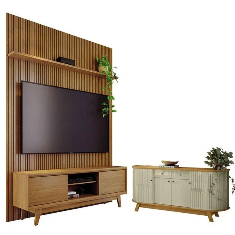 Estante Home Theater Com Bancada Suspensa E Aparador Milo + Mônaco 4 Portas 3 Prateleiras MDP E MDF