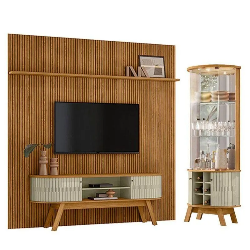 Estante Home Theater Com Bancada Suspensa New Laguna Com Cristaleira Marina Cumaru Opala - Madetec