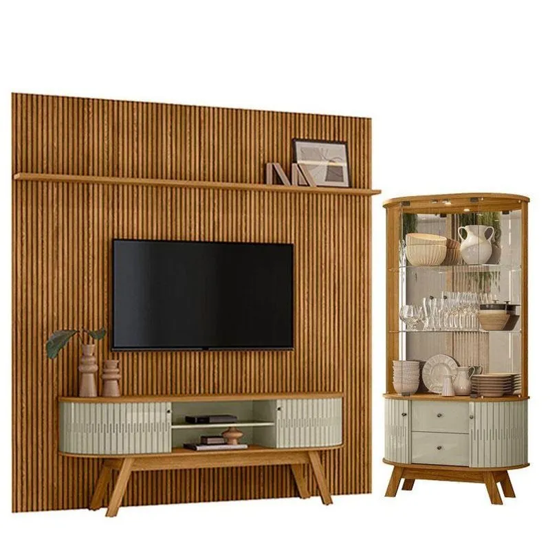 Estante Home Theater Com Bancada Suspensa New Laguna Com Cristaleira Moss Cumaru Opala - Madetec