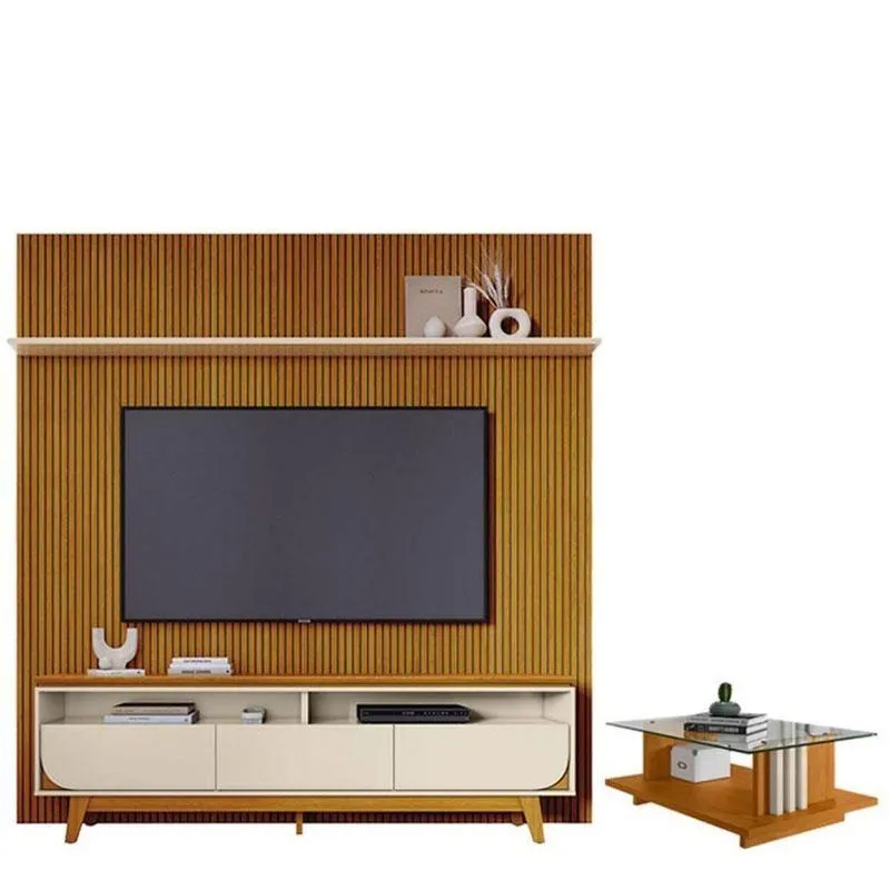 Estante Home Theater Com Bancada Suspensa Luna Com Mesa De Centro Frizz Cinamomo Off White - Madetec