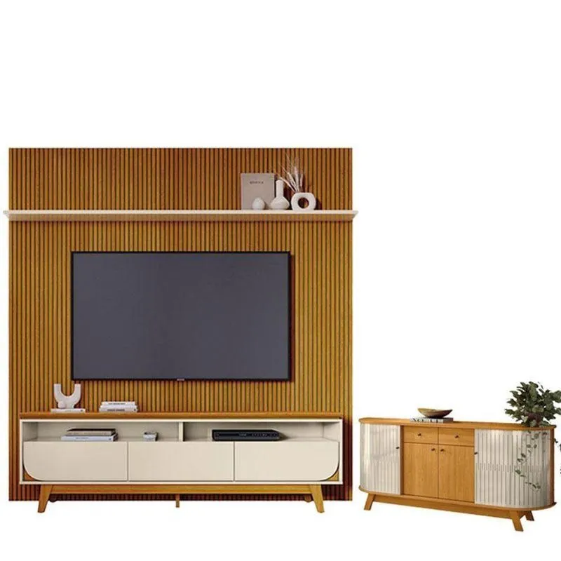 Estante Home Theater Com Bancada Suspensa Luna Com Aparador Para Sala Buffet Mônaco Cinamomo Off White - Madetec
