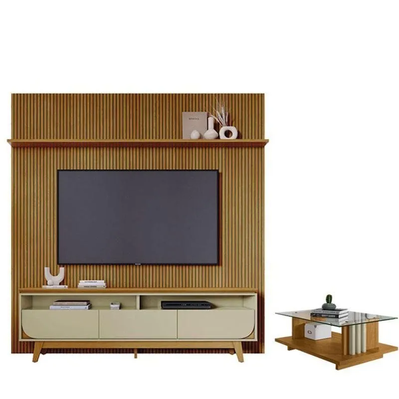 Estante Home Theater Com Bancada Suspensa Luna Com Mesa De Centro Frizz Cumaru Opala- Madetec