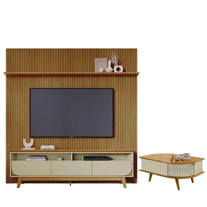 Estante Home Theater Com Bancada Suspensa Luna Com Mesa De Centro Indianápolis Cumaru Opala - Madetec