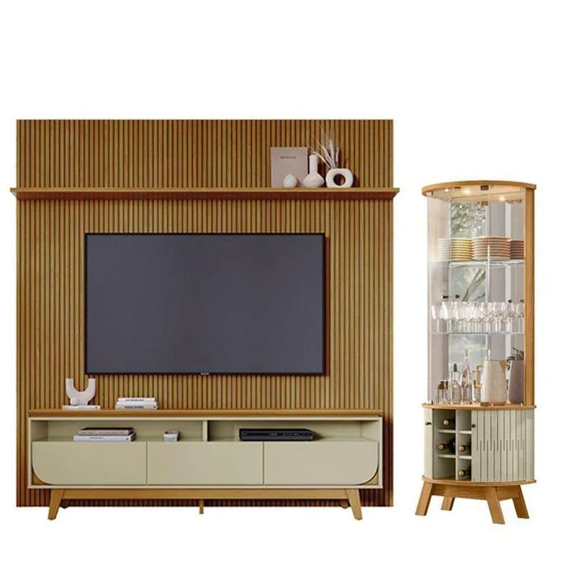 Estante Home Theater Com Bancada Suspensa Luna Com Cristaleira Marina Cumaru Opala - Madetec